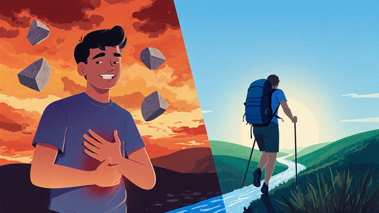 A person transitioning from painful gallstone symptoms to joyful recovery after surgery.