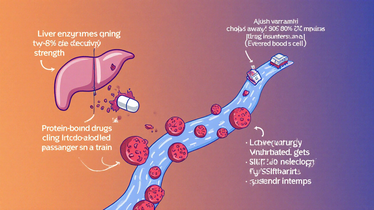 A pill dissolving in the stomach as liver enzymes break down the drug, with proteins binding to blood cells and one drug being displaced.