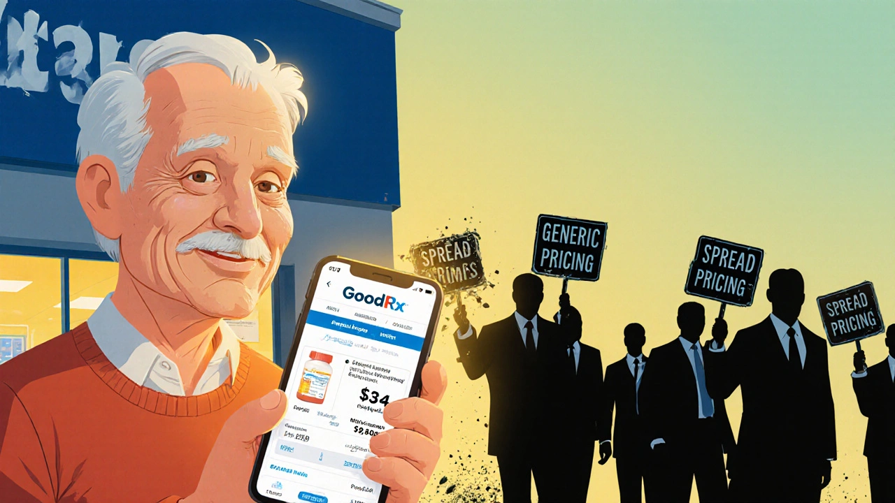 A retiree uses a smartphone to find a  drug price at Walmart, while corporate figures fade away in the background.