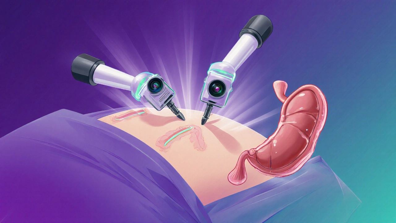 A surgeon performing minimally invasive gallbladder removal through tiny incisions with robotic tools.