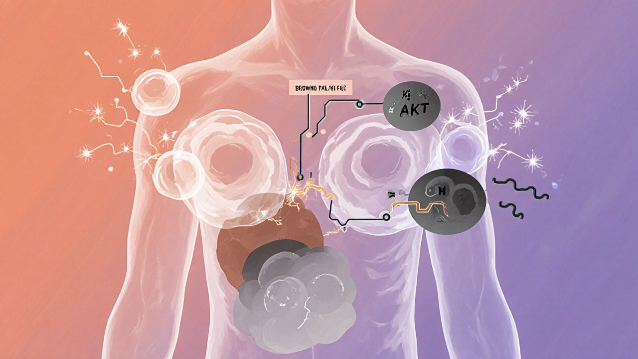 A transparent body showing fat cells and dimmed brown fat, with a broken metabolic pathway.