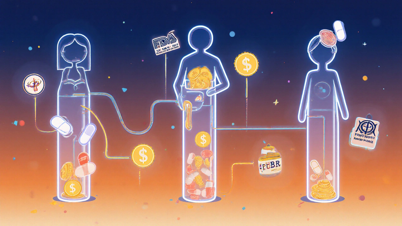 A transparent supply chain shows money flowing to a PBM while the patient receives little, with floating FDA approval stamps.