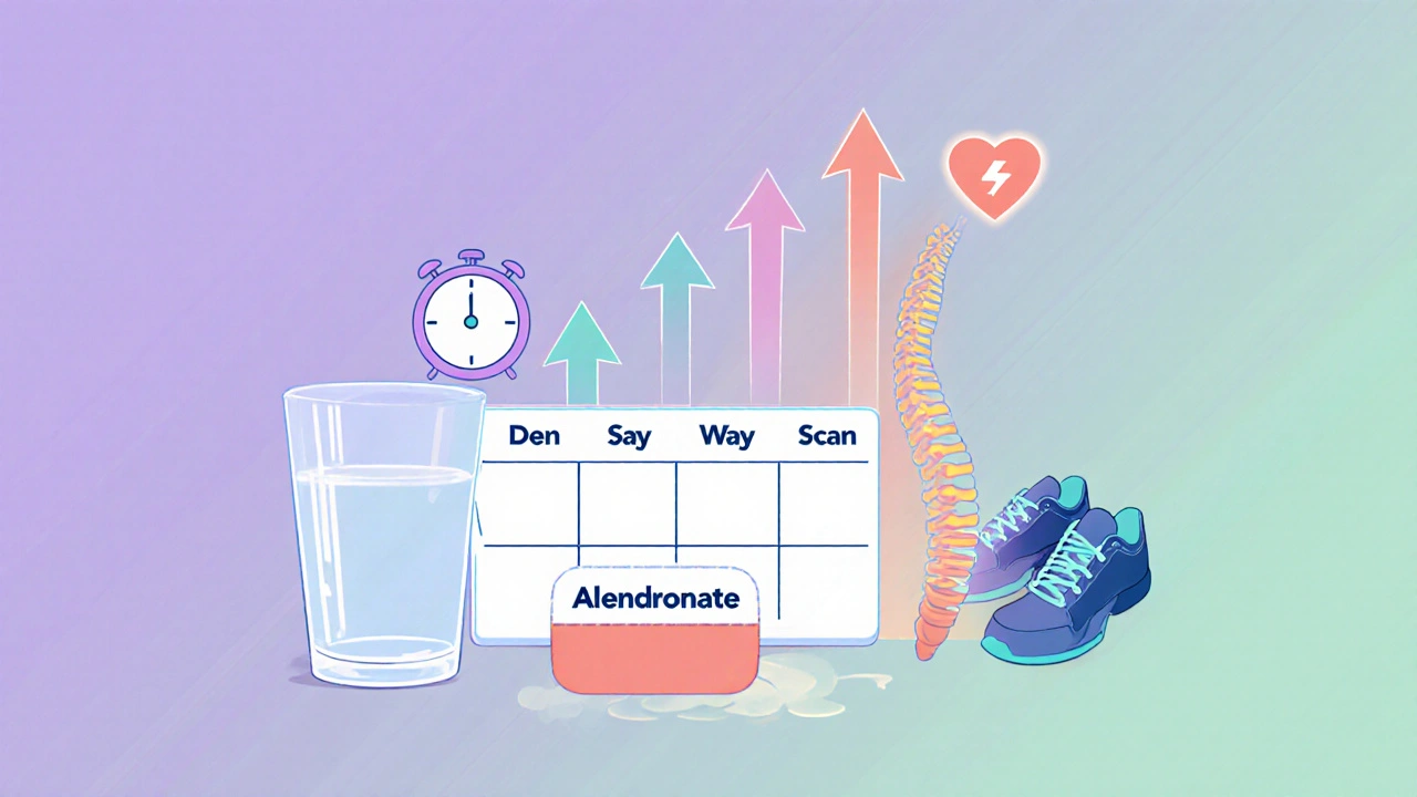 A weekly alendronate pill beside water and a clock, with symbols of bone health rising above.