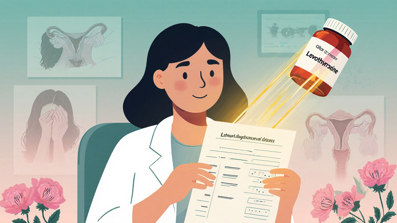 A woman holding a blood test as healing light flows from thyroid medication, faded symptoms dissolving into blooming flowers.