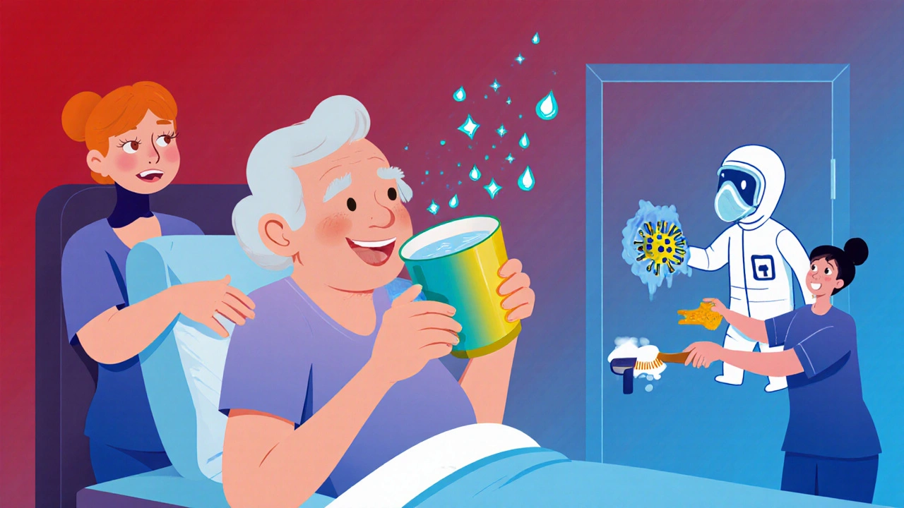 An elderly patient drinking rehydration solution as electrolyte stars rise, while a virus is cleaned from a door handle.