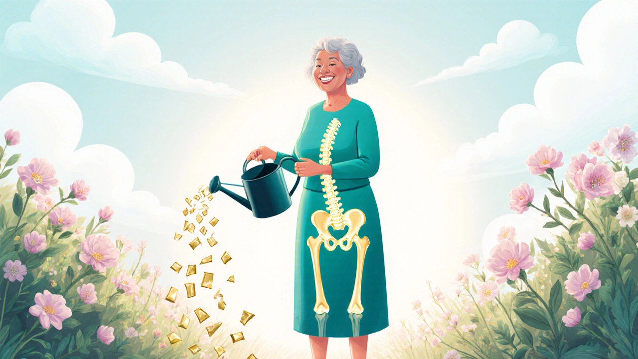 An elderly woman standing confidently in a garden with stronger bones glowing beneath her skin.