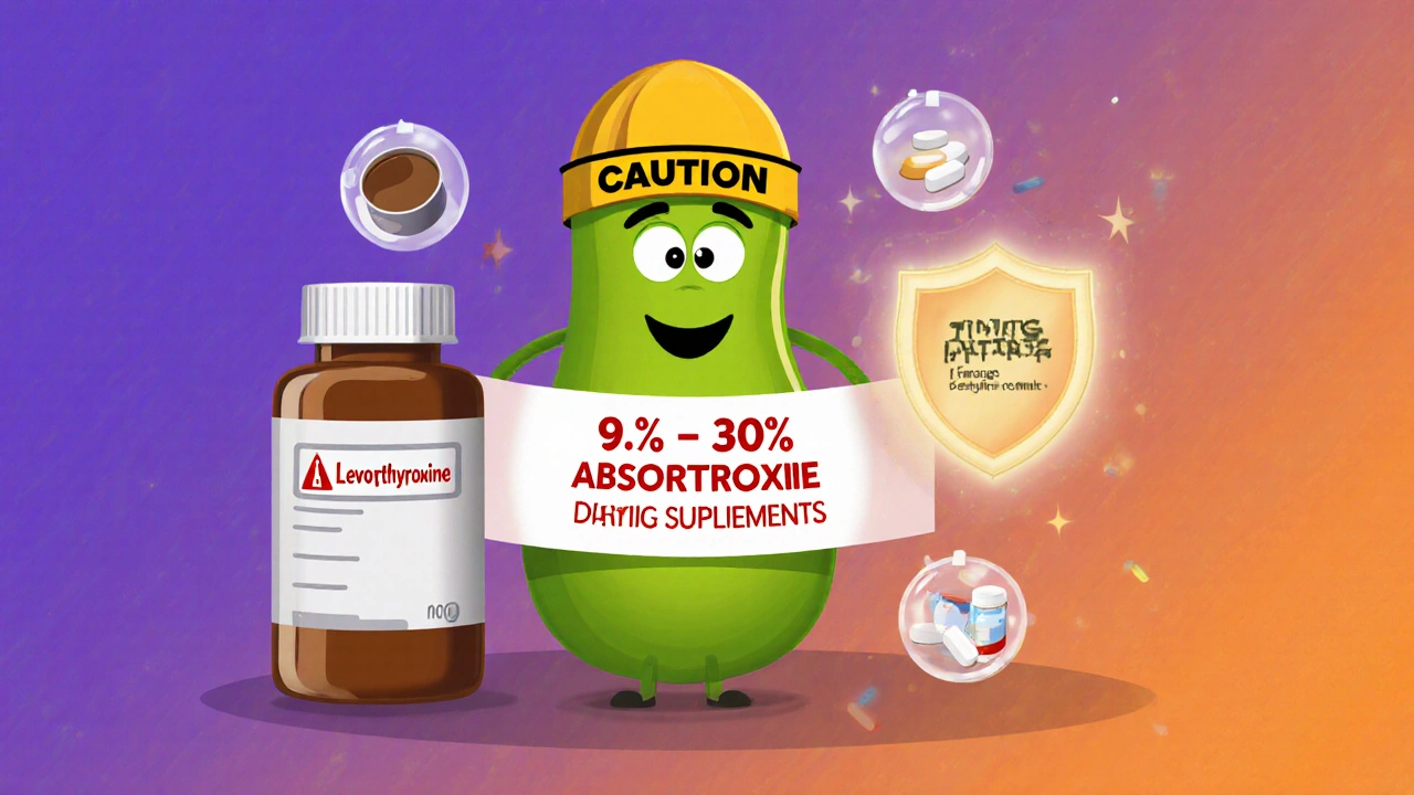 Cartoon soybean with caution sign near thyroid pill, surrounded by other dietary interferents and a timing shield.