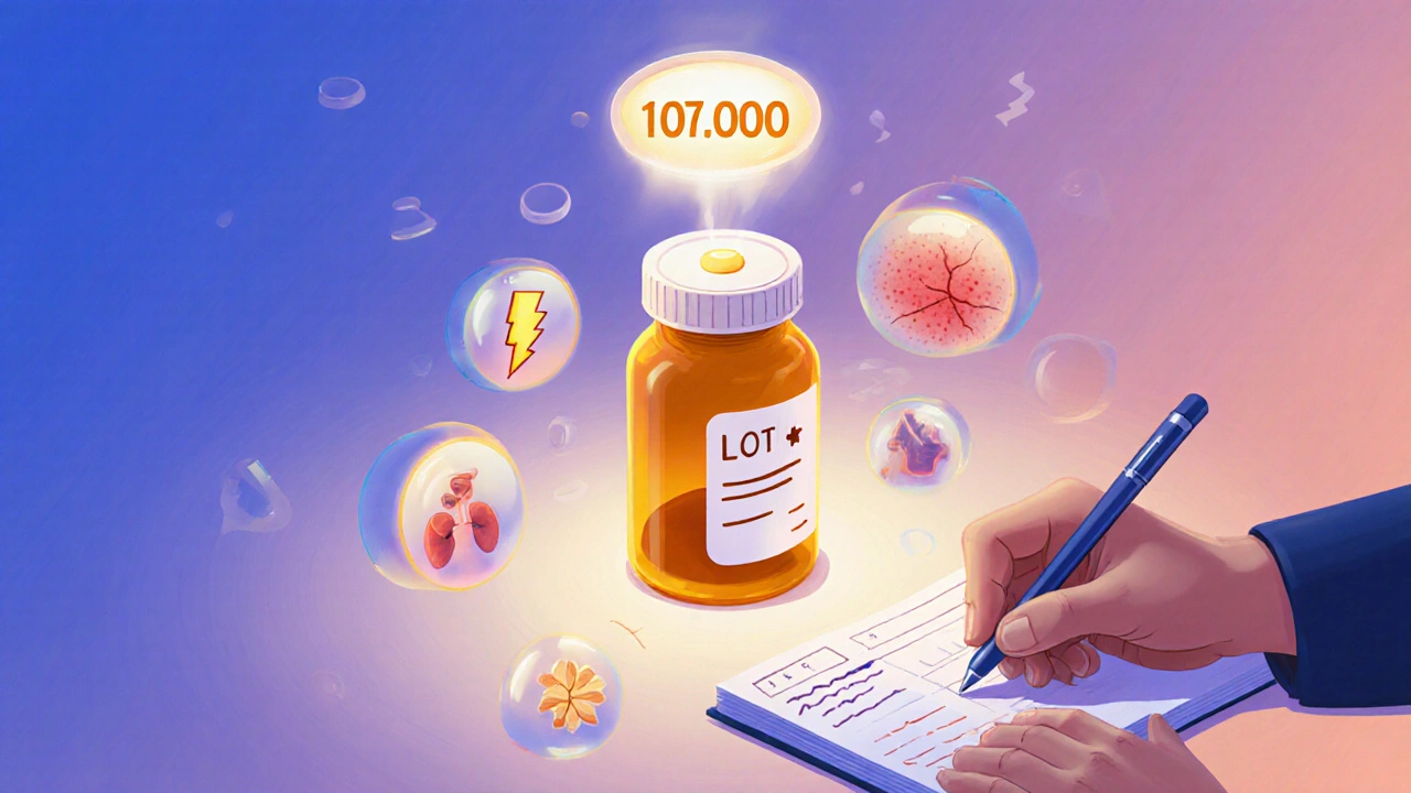 Close-up of a pill bottle with a glowing lot number and floating symptom icons nearby.