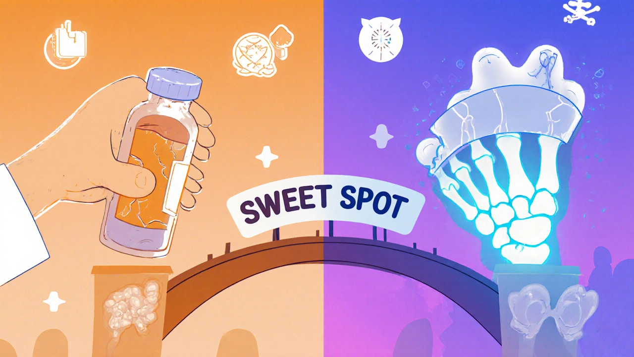 Contrasting images of weak bones from high-dose vitamin D vs. strong bones with balanced D and calcium.