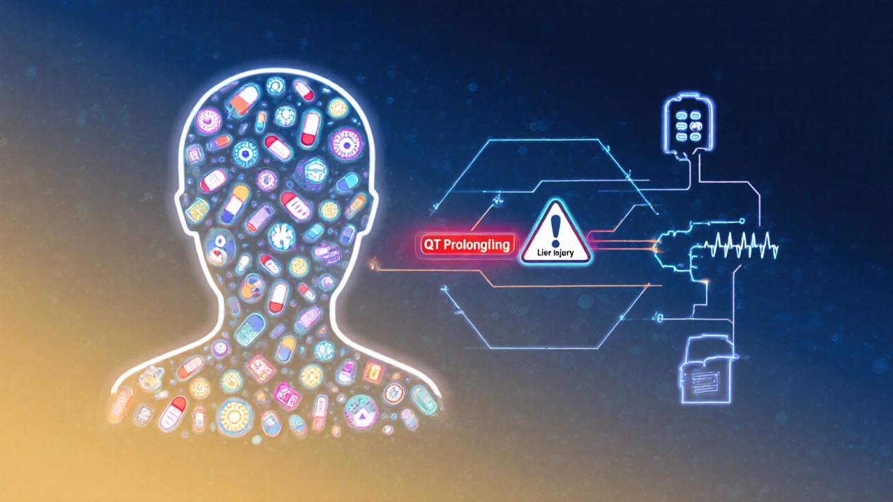 Digital silhouette dashboard with glowing data streams from pill icons triggering safety alerts.