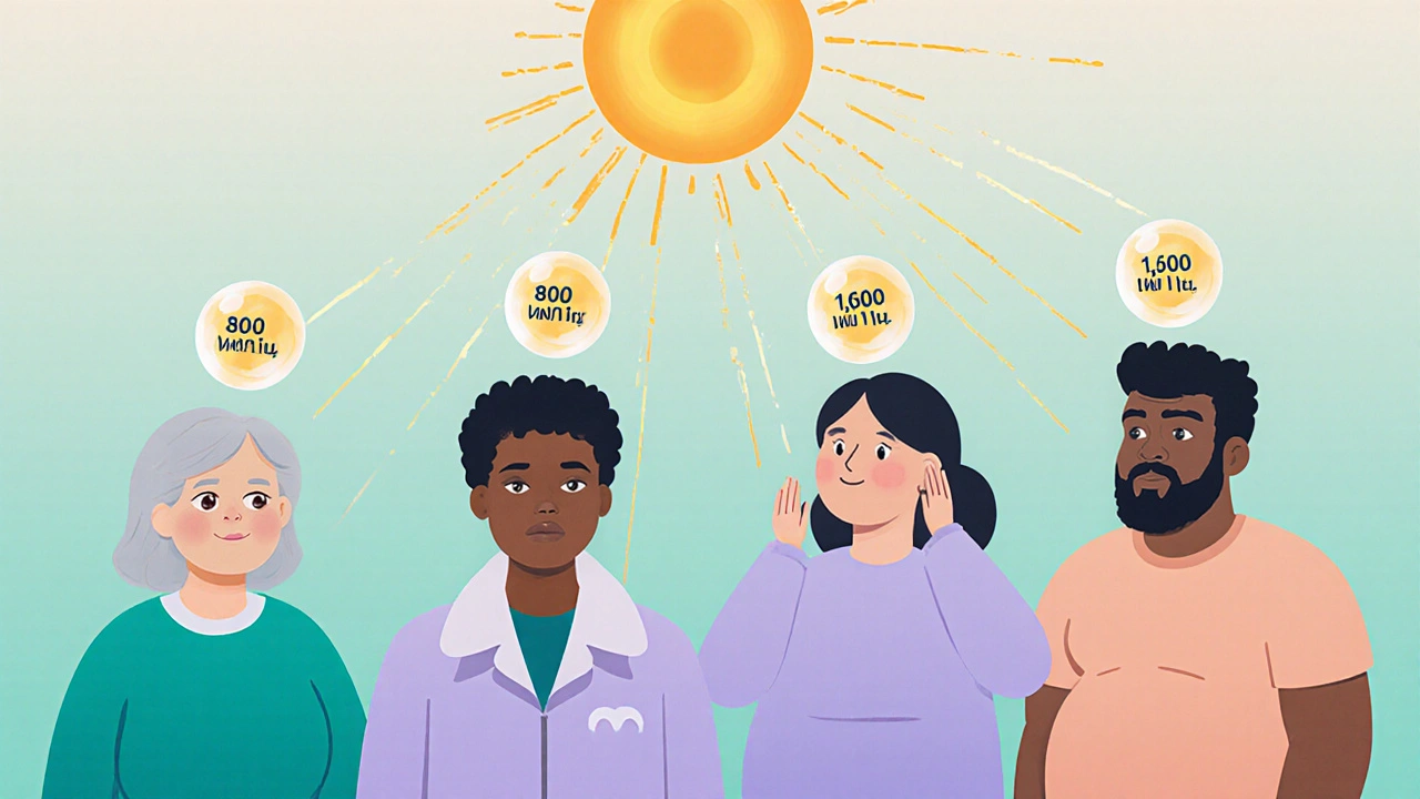 Diverse people receiving personalized vitamin D doses from sunlight, with dosage orbs floating above them.