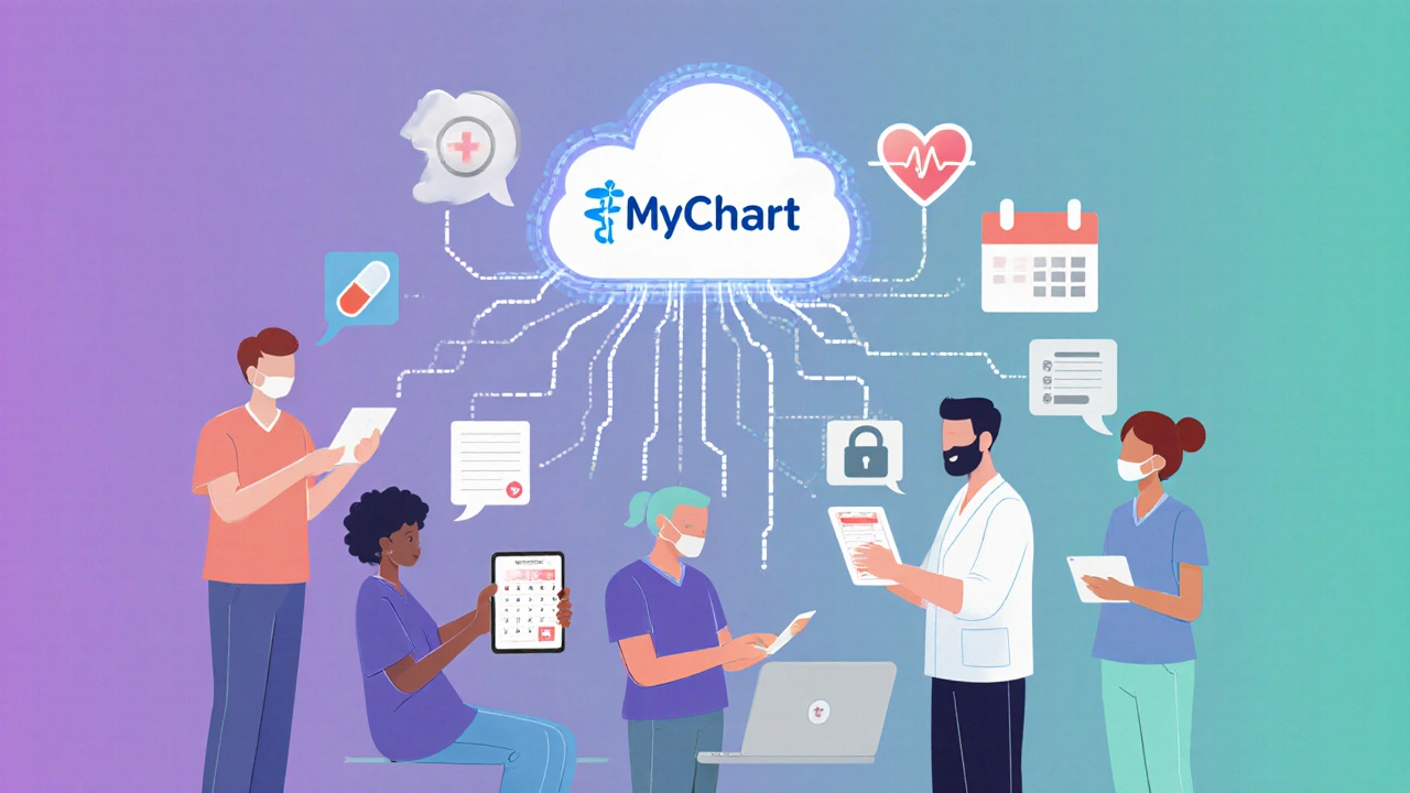 Diverse people using secure messaging apps connected to a central healthcare system.