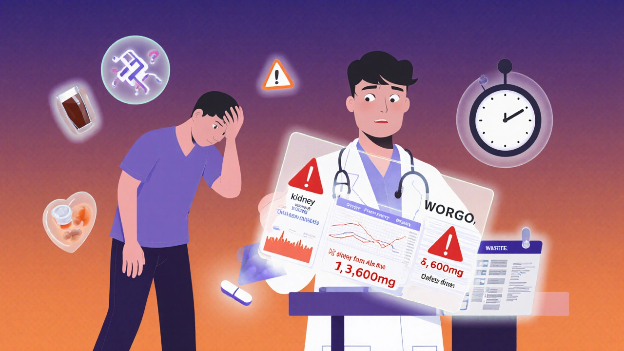 Doctor reviewing high-dose patient data with warning icons and safety checklist