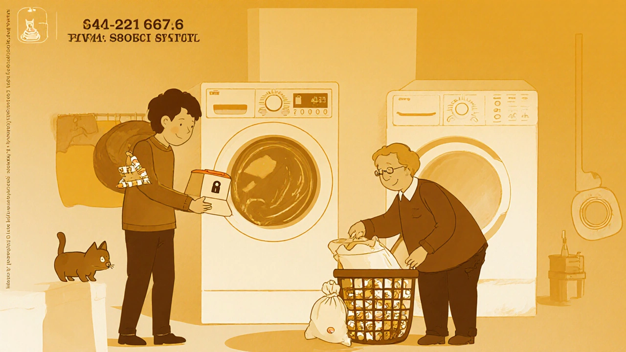 Family safely disposing of old meds in a laundry room, with cat watching, gradient cartoon style.