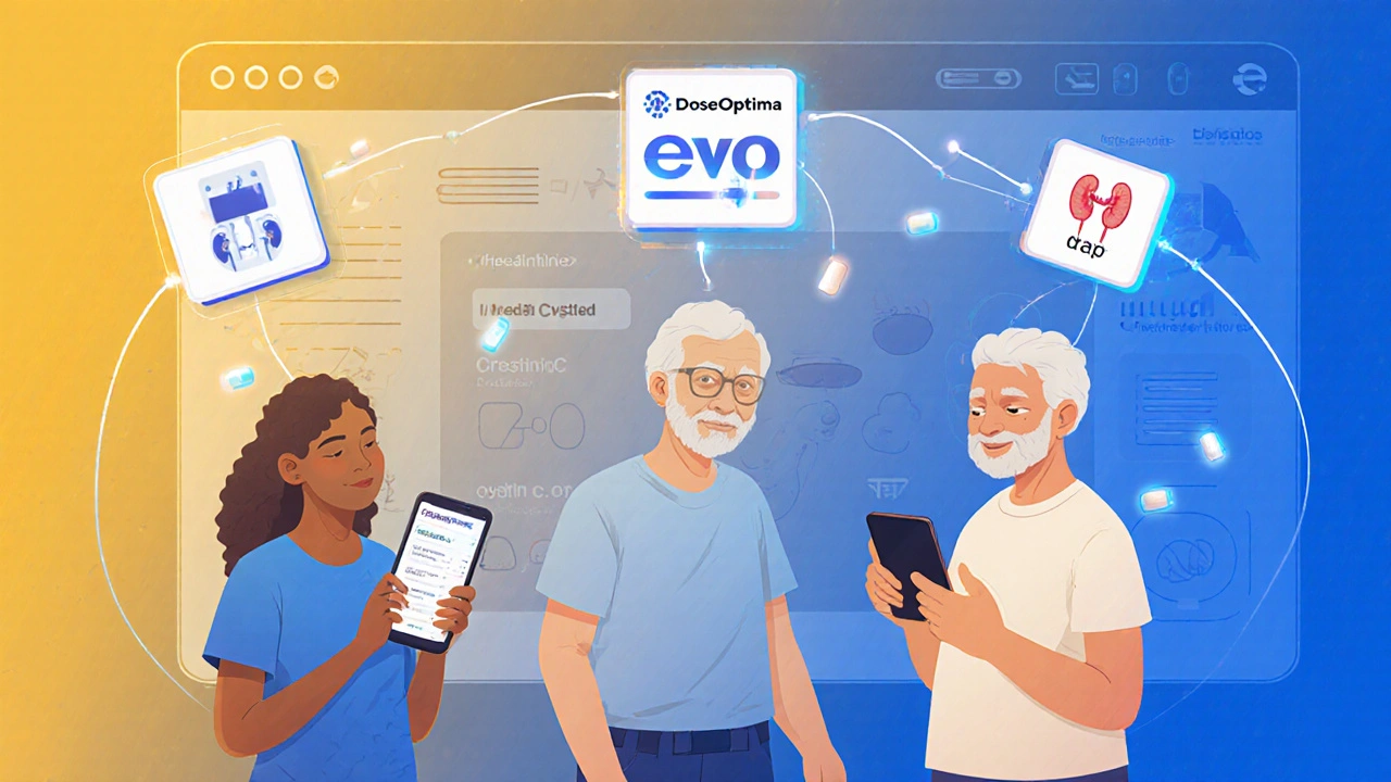 Futuristic clinic dashboard with AI tools and real-time lab data guiding safe medication dosing for seniors.