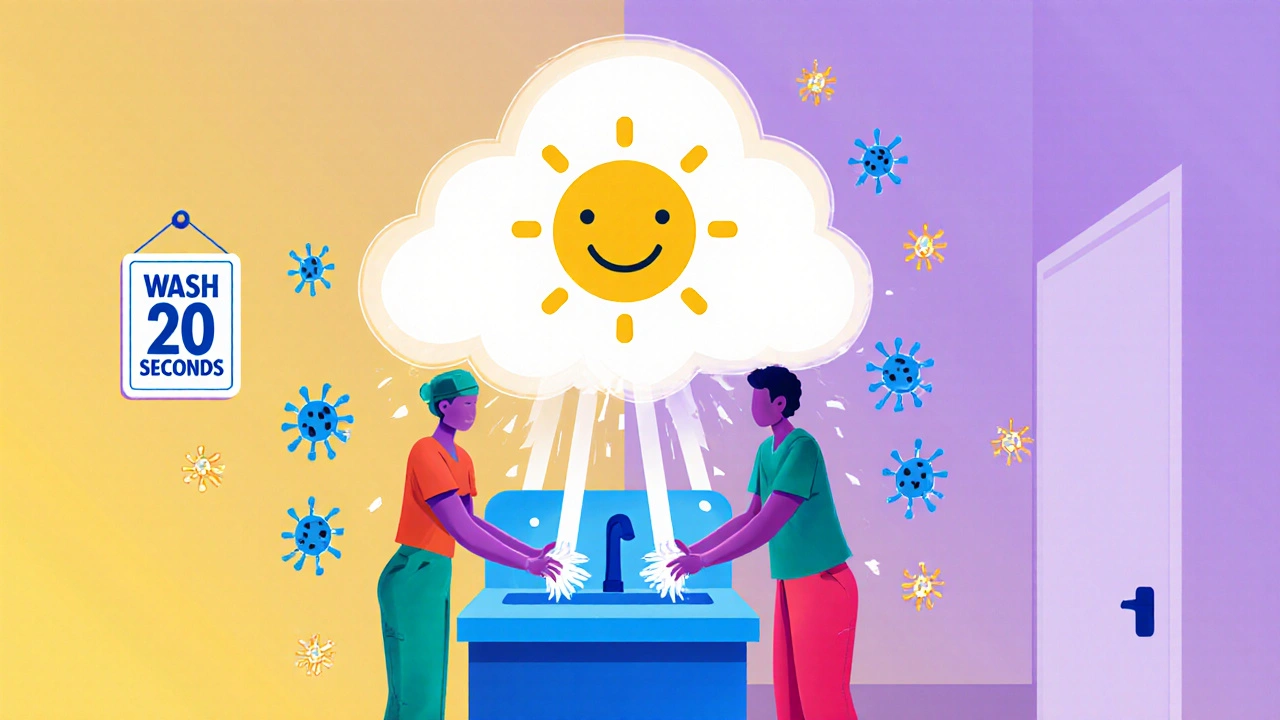 Healthcare workers washing hands under a glowing bleach spray cloud in a bright hospital hallway.