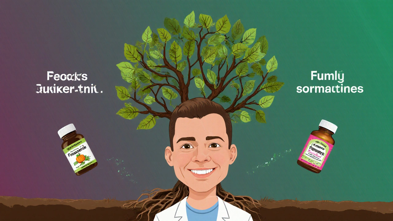 Man with tree growing from scalp, roots labeled Finasteride, supplements fading as leaves, gradient earth tones.