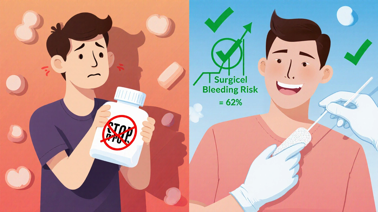 Patient choosing to keep blood thinner vs. stopping it — safe dental care shown with green checkmarks