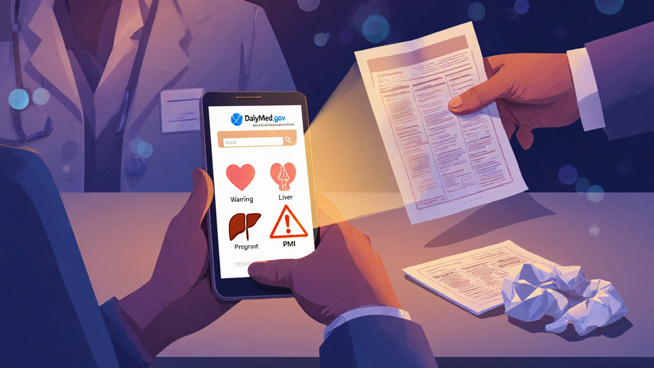 Person using phone to access DailyMed.gov, pharmacist handing new one-page info sheet, old booklet discarded.