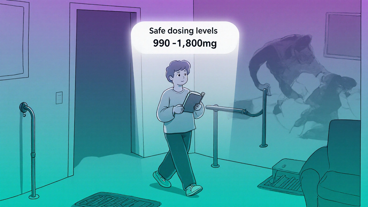 Person walking safely at home with journal and low-dose guidance overlay