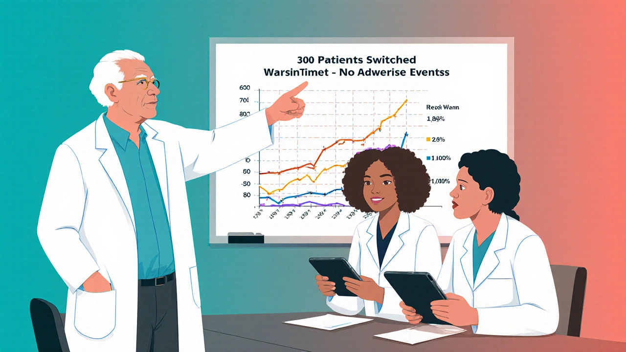 Physicians reviewing data on generic drug outcomes in a hospital break room.