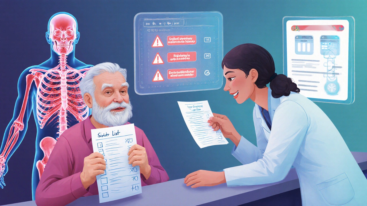 Senior citizen reviewing medication list with pharmacist as internal drug interactions glow red.