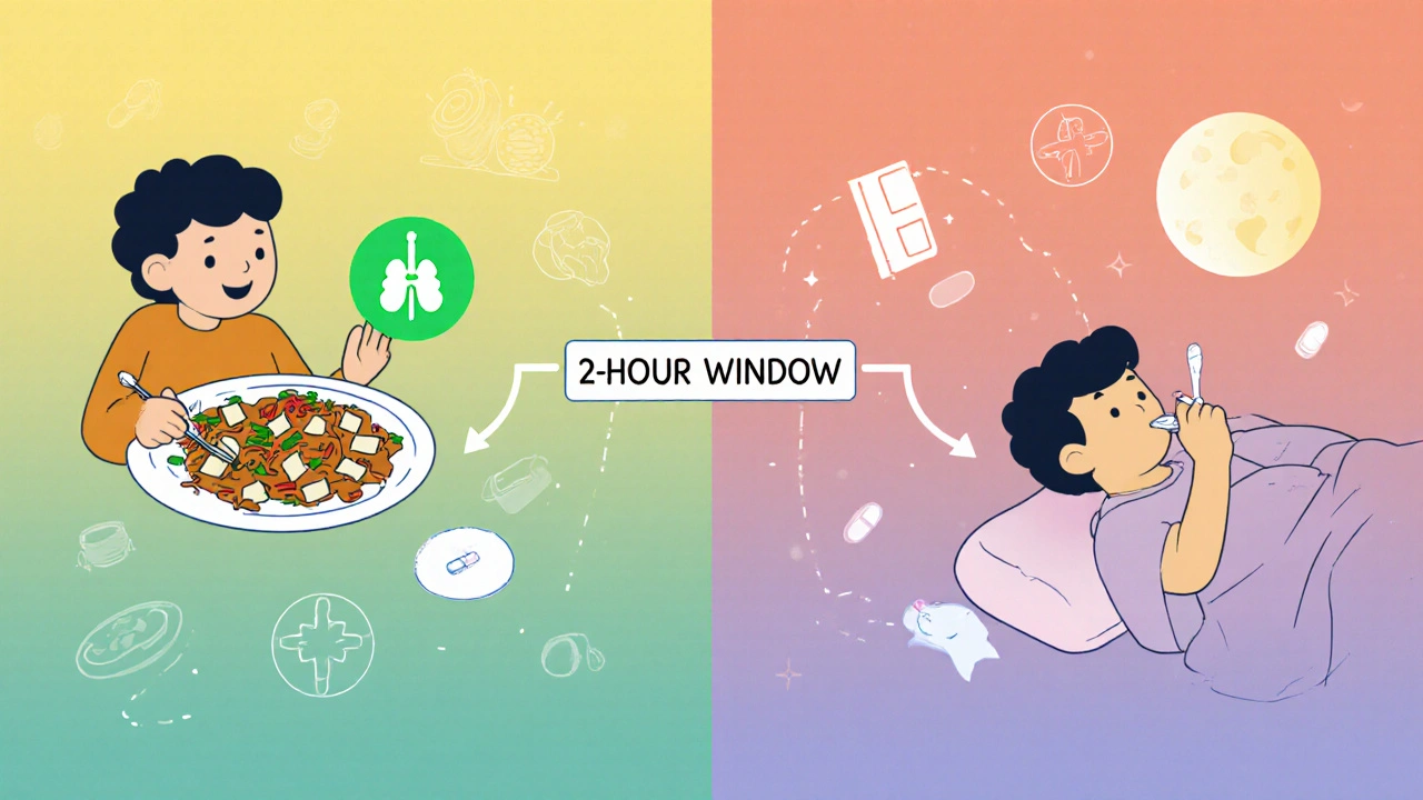 Split-day illustration showing thyroid medication taken at night and soy eaten at lunch with a 2-hour window between.