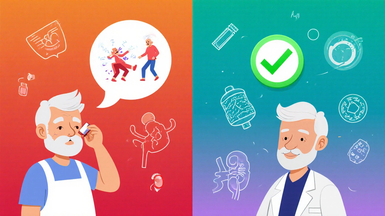 Split illustration of elderly man before and after correct gabapentin dose adjustment, with kidney filter and safety icons.