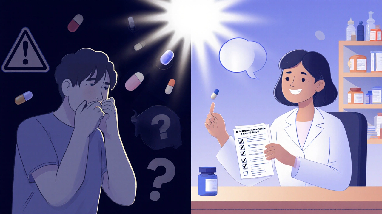 Split image: person at risk vs. safe consultation with pharmacist, symbolizing the power of asking questions.