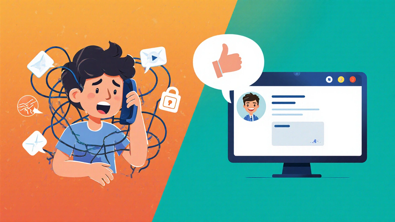 Split scene: frustrated phone call vs. calm secure messaging for medication help.