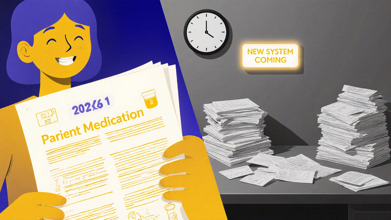 Split scene: person reading clear new PMI sheet vs. cluttered pile of old drug documents, 2026 timeline.