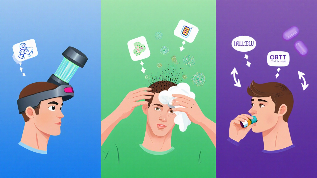 Three men using different hair loss treatments: laser helmet, topical foam, and pill, each with distinct gradient colors.