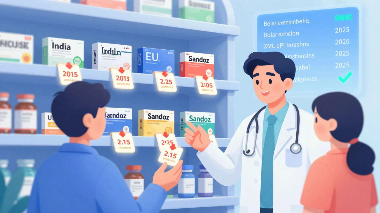 A 2025 pharmacy shelf with generic drugs labeled by origin, showing price drops and digital approval data in gradient tones.