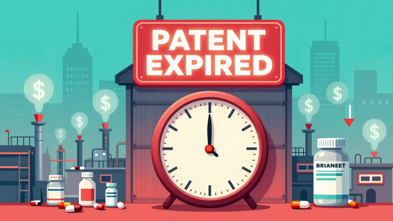 A clock striking midnight as patent expires, with generic drug factories flooding the market.