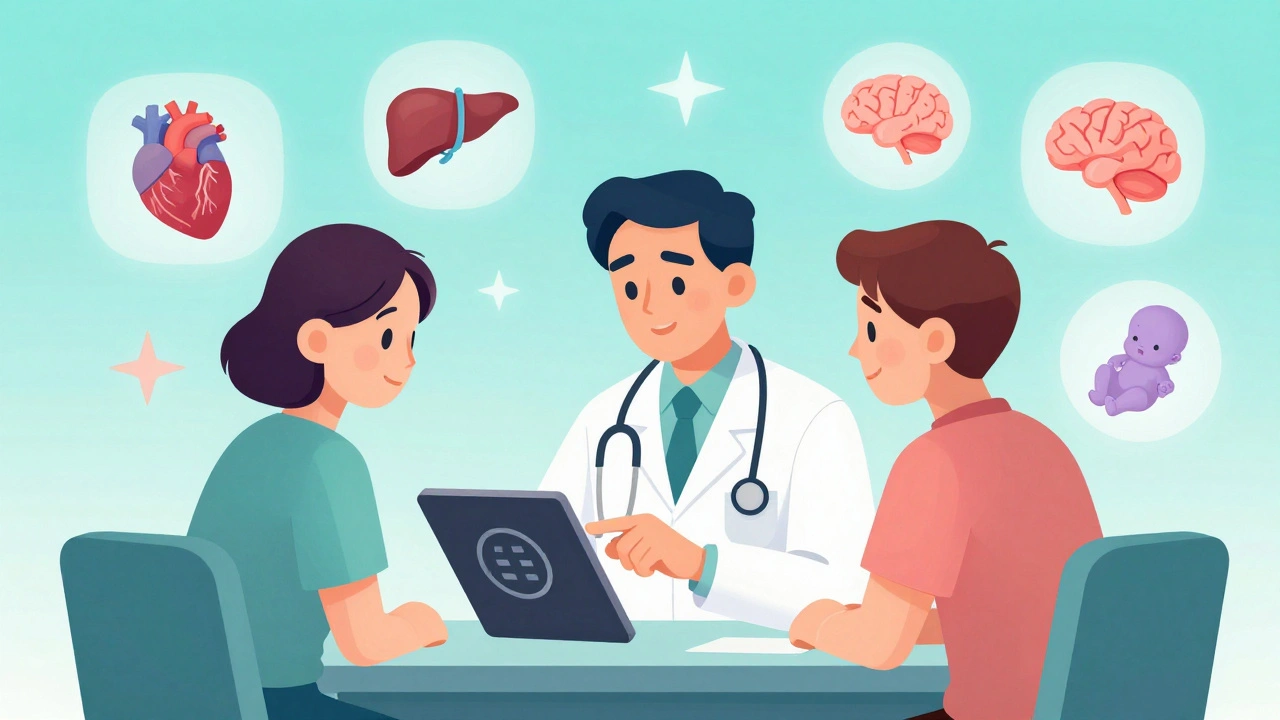 A doctor and patient discuss a black box warning on a tablet, with risk icons floating around them.