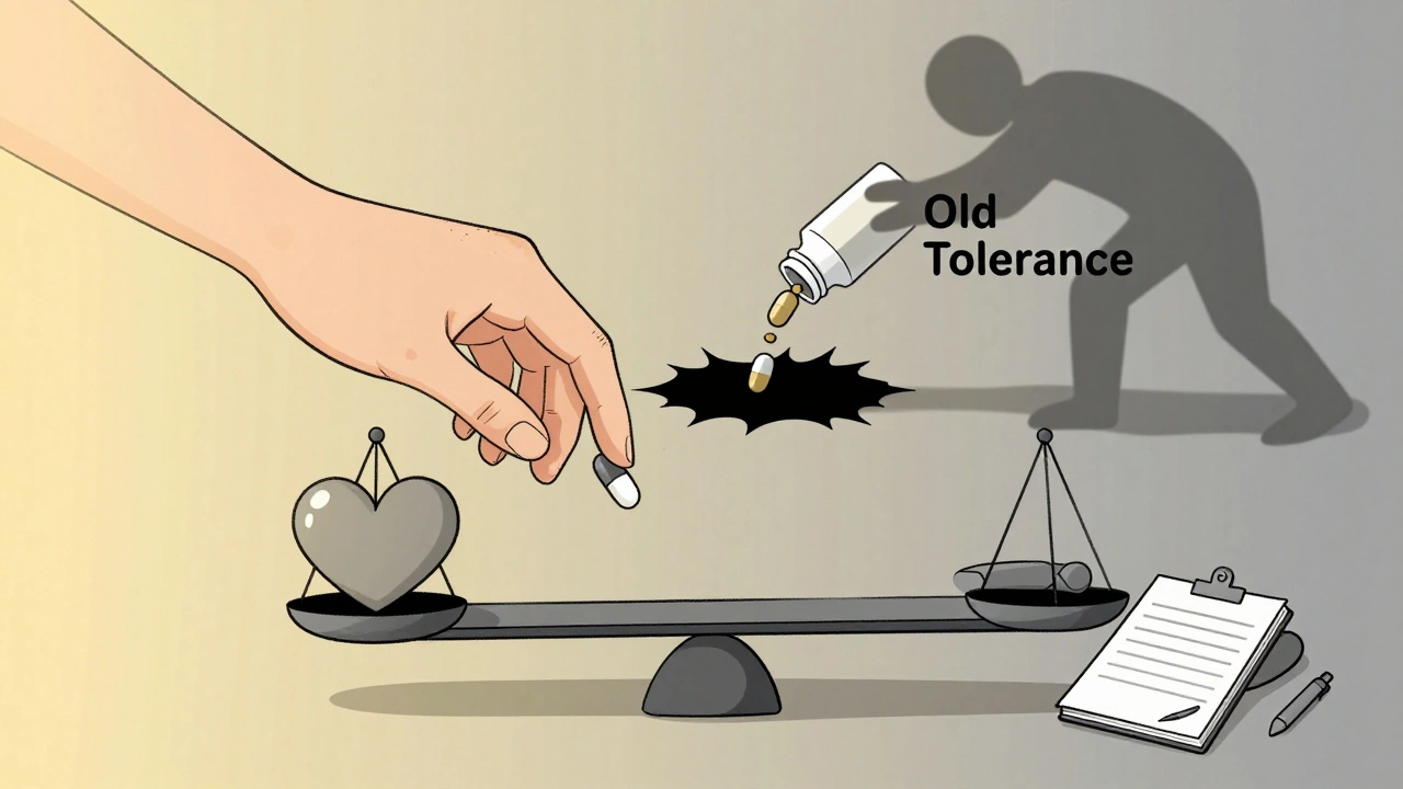 A hand placing one pill beside non-opioid alternatives, while a large dose vanishes into a black hole.