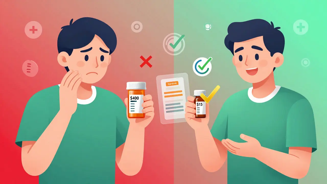 A patient comparing a high-cost brand-name pill to a low-cost generic pill with FDA approval icons nearby.