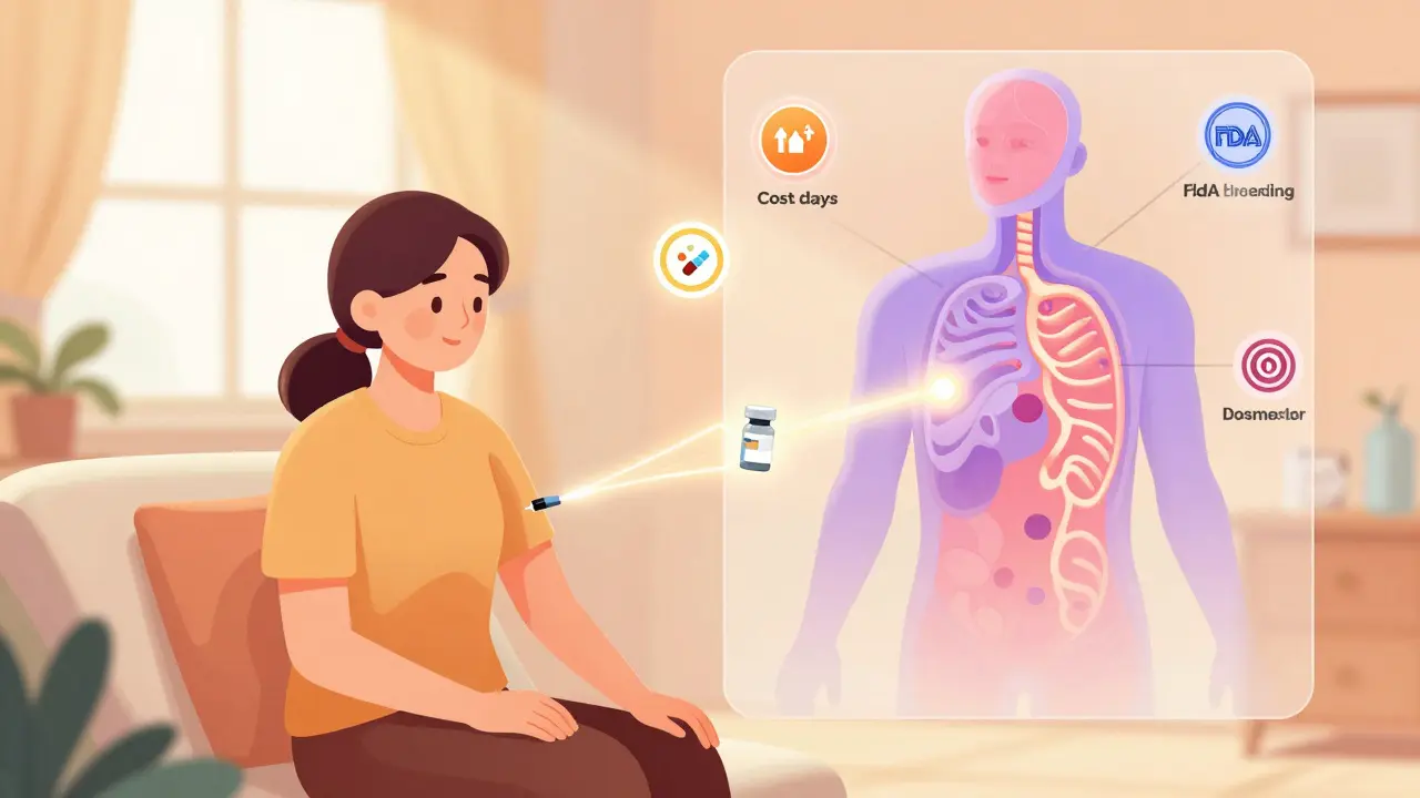 A patient receiving an injection with transparent immune system pathways, showing biosimilar and brand drug equivalence.
