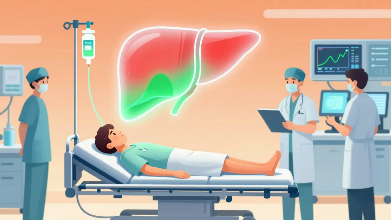 A patient receiving NAC IV in the ER, with a transparent liver showing damage turning to healing.