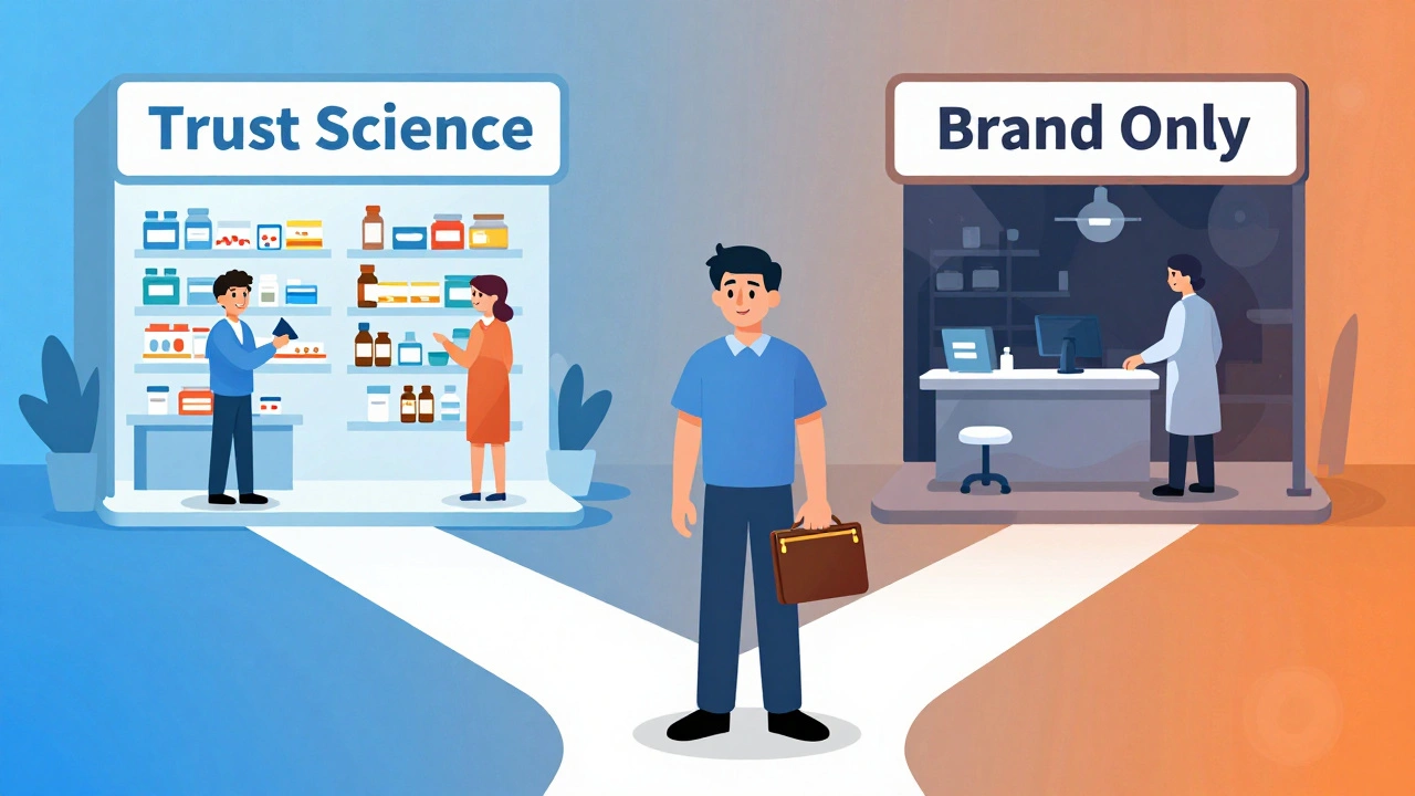 A patient stands at a crossroads between affordable generic medicine and expensive brand-name options.