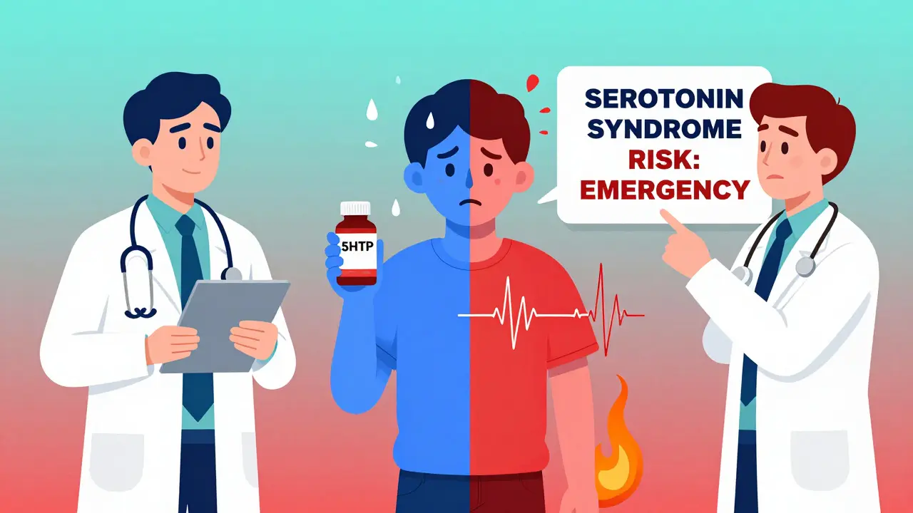 A patient torn between SSRI and 5-HTP, with one side calm and the other showing serotonin syndrome symptoms in gradient illustration.