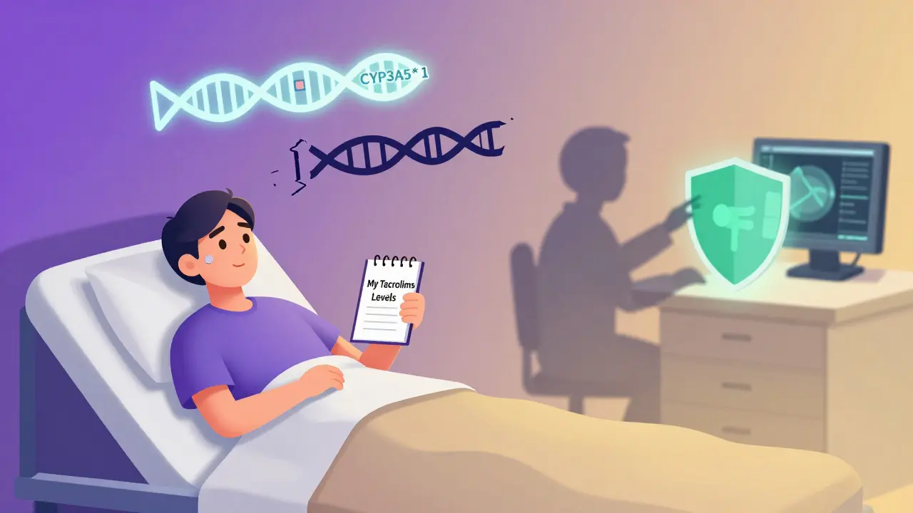 A patient tracks their drug levels as a genetic code glows above them, while an automated system shields them from medical error.