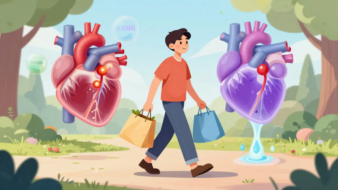 A patient walking in a park with visible heart repair and fluid reduction, symbolizing improved quality of life from heart failure meds.