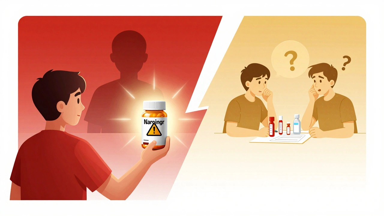 A person holds a pill bottle with a glowing warning aura, split between ignoring and understanding the risk.