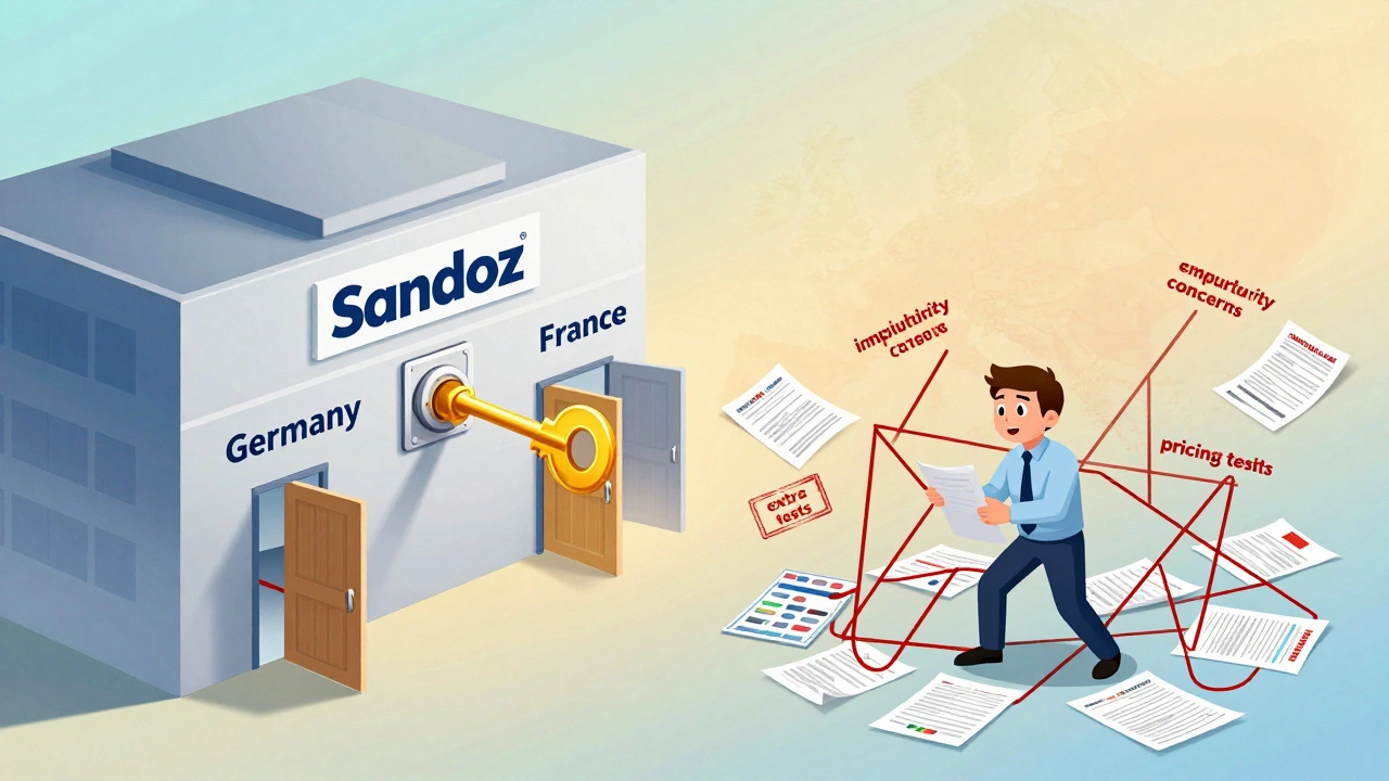 A pharmaceutical company launching a generic drug across Europe vs. a smaller firm delayed by national bureaucracy and paperwork.