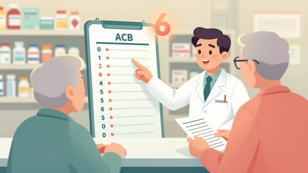A pharmacist and senior reviewing an ACB Scale chart with a red '6' above it, holding a medication list under soft gradient lighting.