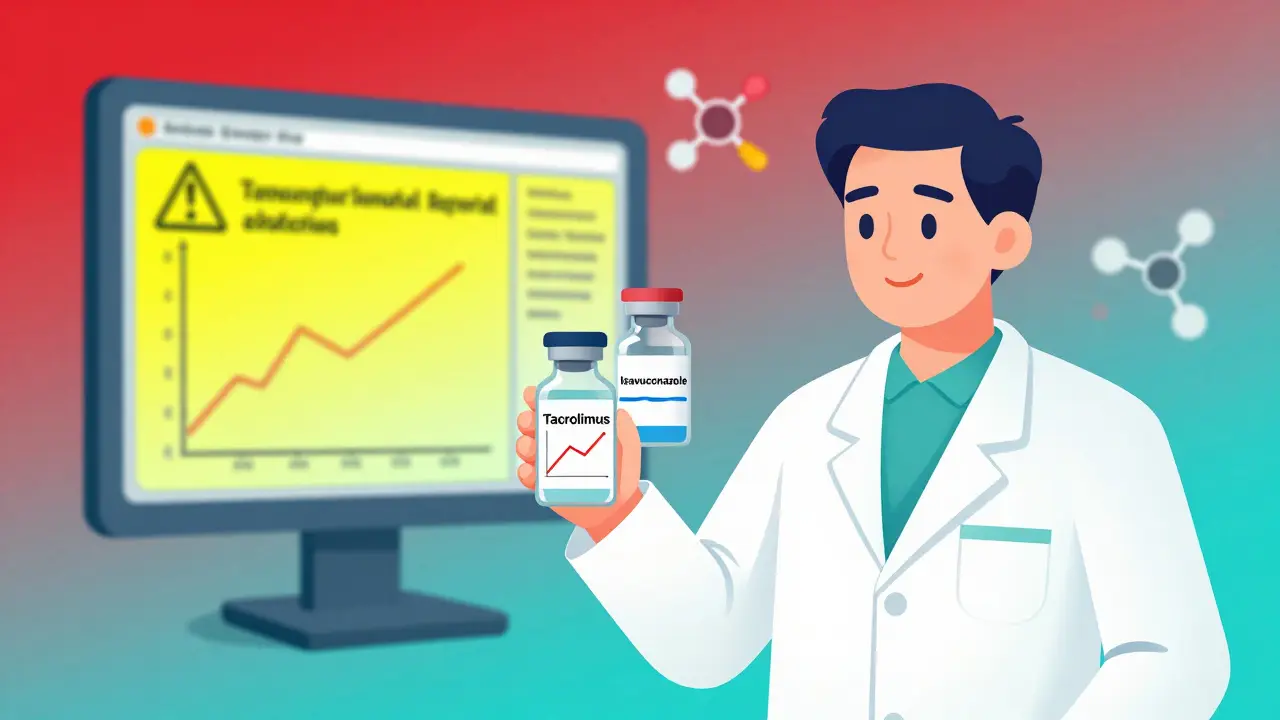 A pharmacist compares two vials—one with rising tacrolimus levels, another with safe isavuconazole—while an EHR alert flashes nearby.