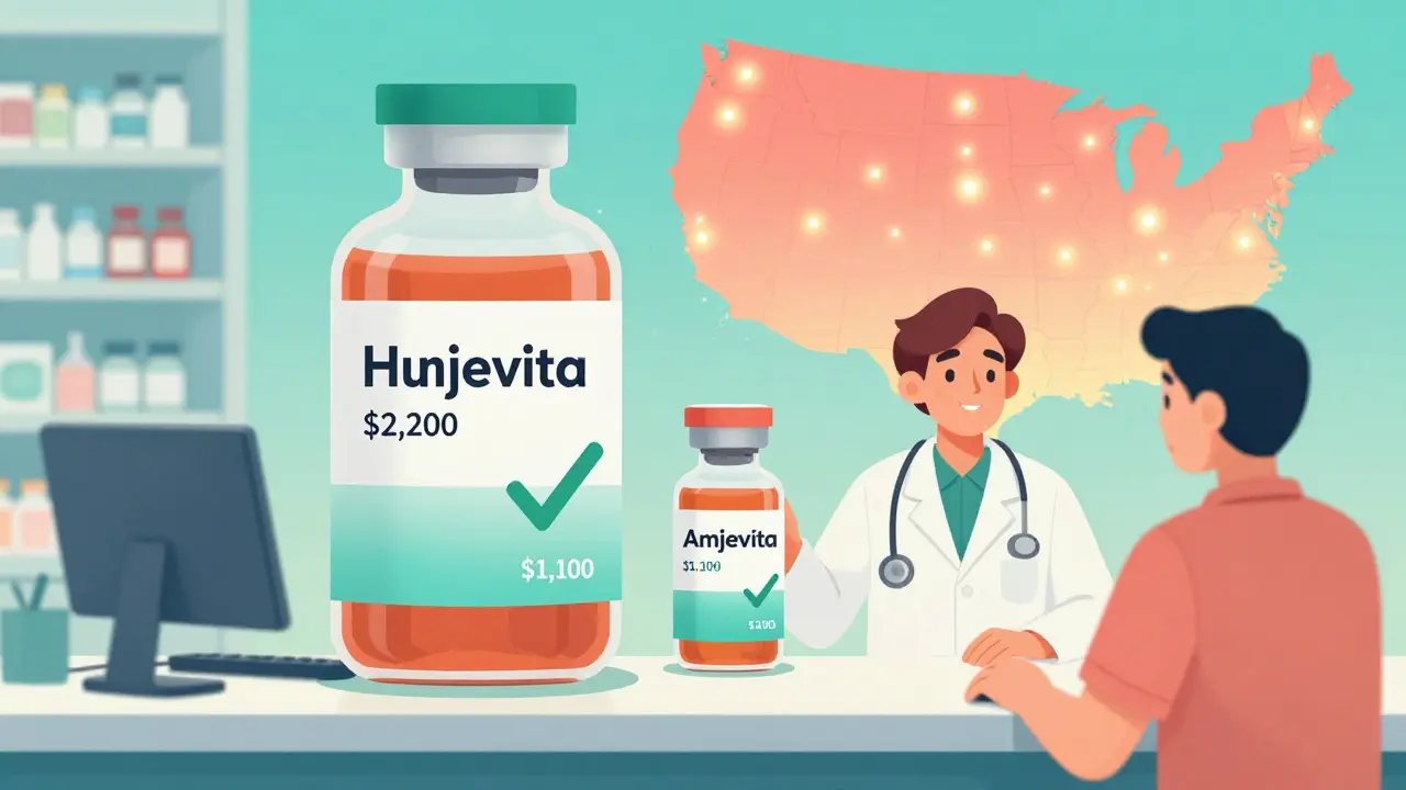 A pharmacist handing a biosimilar vial to a patient, with price comparison and U.S. states highlighted in gradient art.
