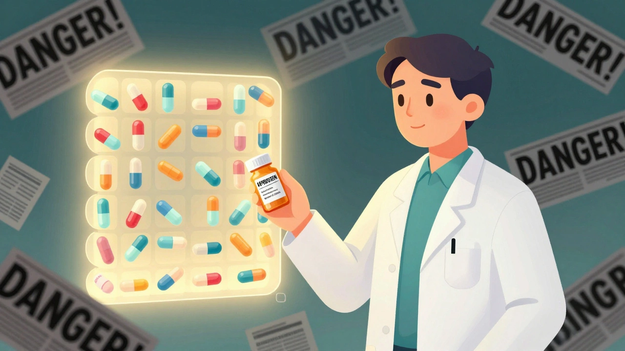 A pharmacist points to an FDA stamp on a generic pill bottle, shielding against negative media headlines.