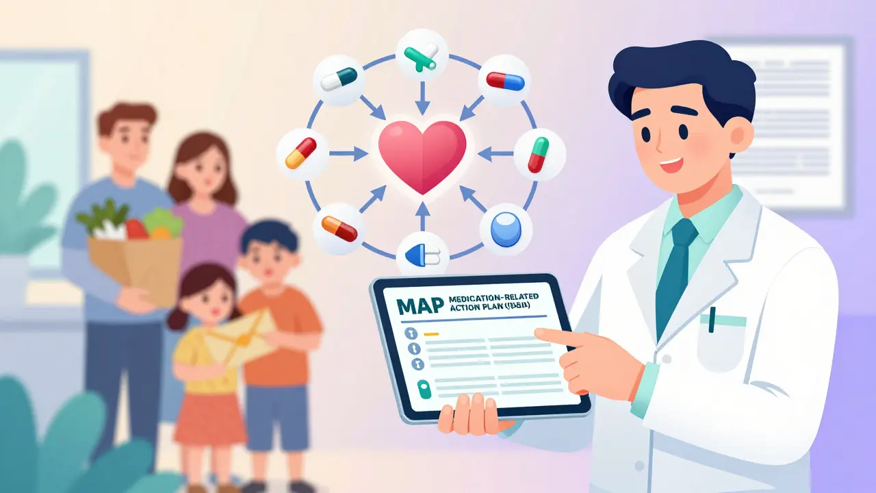 A pharmacist showing a digital medication plan with arrows linking drugs to a heart, while a family holds groceries.